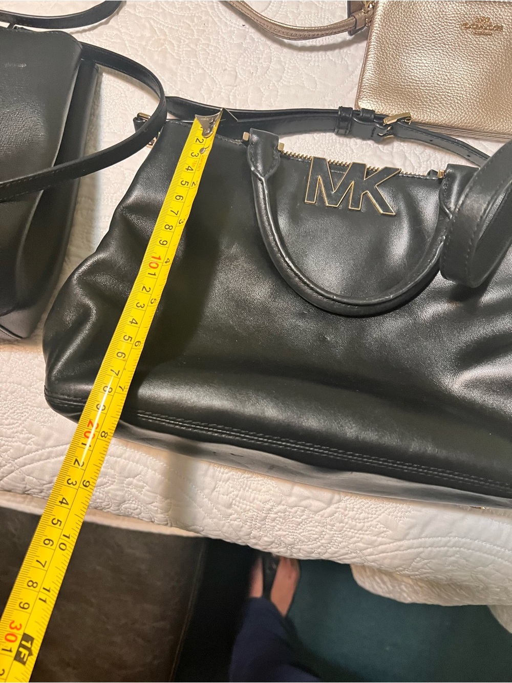 Michael Kors Black Leather Satchel with Gold MK Logo - Picture 4 of 6